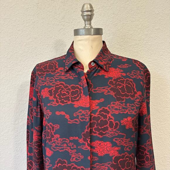 DRIES VAN NOTEN Cloud Print Top Black Red Pleated Peplum Blouse - Picture 3 of 13